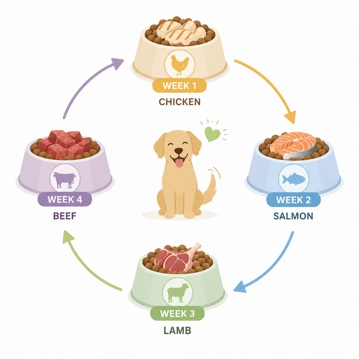 Rotational feeding for dogs infographic showing a 4-week protein rotation cycle with chicken, salmon, lamb, and beef